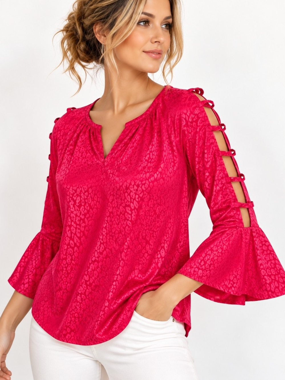 Jennifer Lopez Hot Pink V-Neck Open-Sleeve Blouse